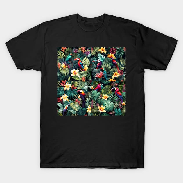 graphic design pattern tropical nature parrots monstera palms botanical palm leaves bird of paradise wildlife forest garden jungle T-Shirt by AnnaMartaFoley